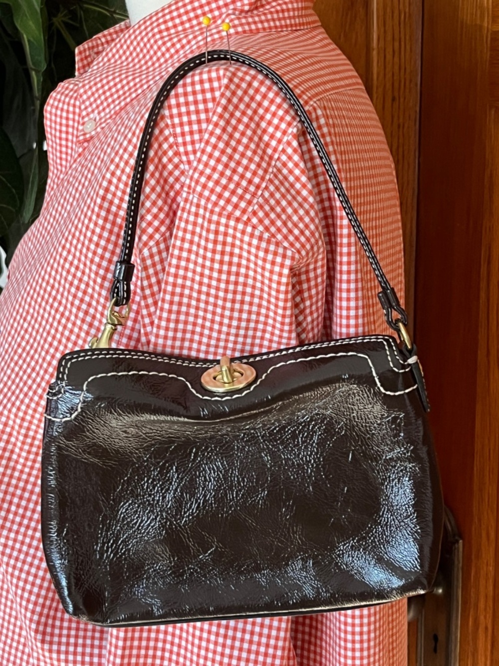 Coach BROWN Glazed Leather Turnlock Small Shoulder Bag Mini Handbag Wristlet LN